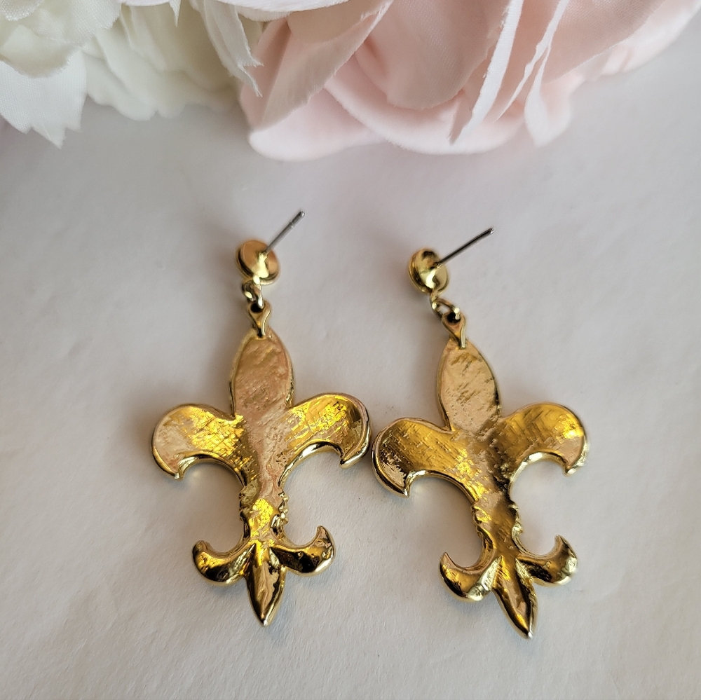 Fleur De Lis Drop Earrings Black Gold Enamel Mardi Gras Saints Fan Jewelry 2" - Picture 9 of 11